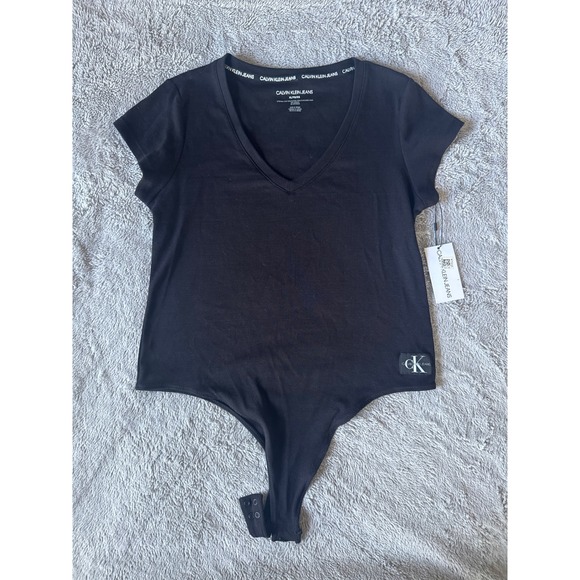 Calvin Klein Jeans Tops - Calvin Klein Jeans Womens Black V-Neck Short Sleeve Logo Bodysuit XL NWT